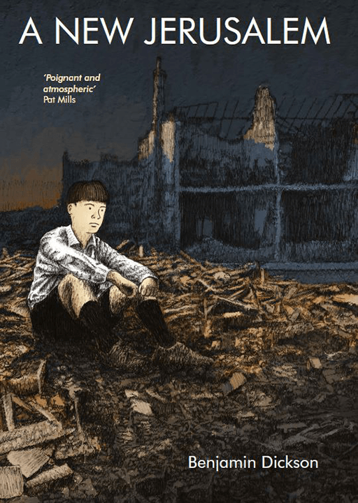 A New Jerusalem - It is dark. A sullen looking boy sits on the rubble of a destroyed building. Behind him are the ruins of another building. A quote by Pat Mills says 'Poignant and atmospheric'